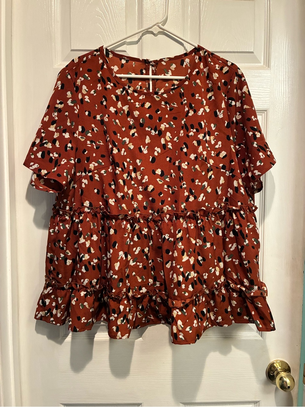 SHEIN Rust Floral Spot Ruffle Tiered Blouse
